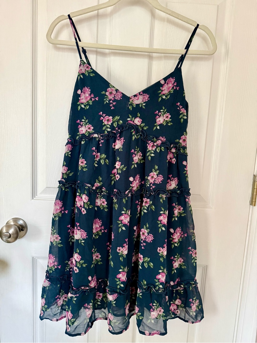 Trixxi Women’s Dark Teal Floral Spaghetti-Strap Tiered Mini Dress